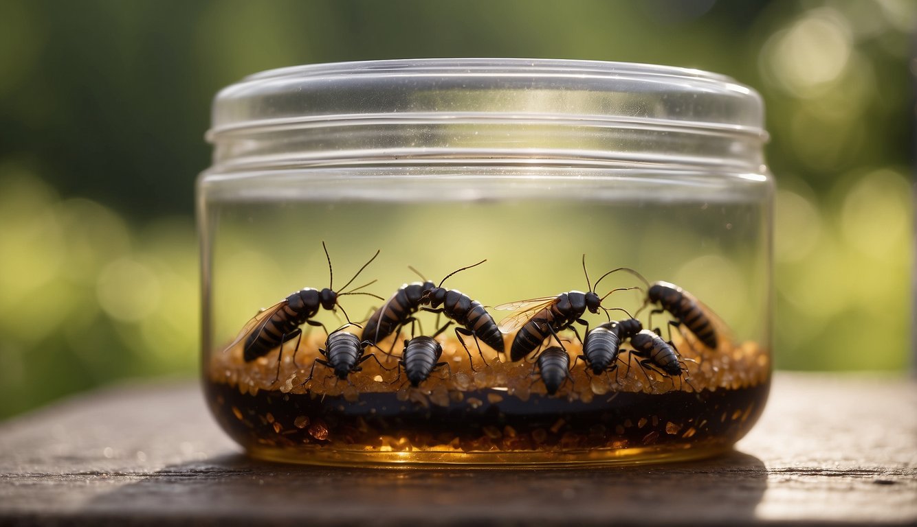 Earwigs being trapped in a container with a mixture of oil and water, with a lid to prevent their escape