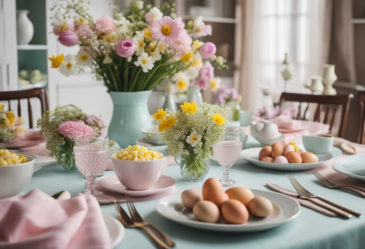 A table adorned with pastel-colored tablecloths and fresh flowers, with decorated Easter eggs and a spread of traditional holiday dishes