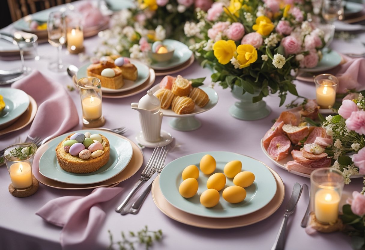 A beautifully set table with pastel-colored tablecloths and floral centerpieces. A spread of delicious Easter dishes, including glazed ham and colorful desserts