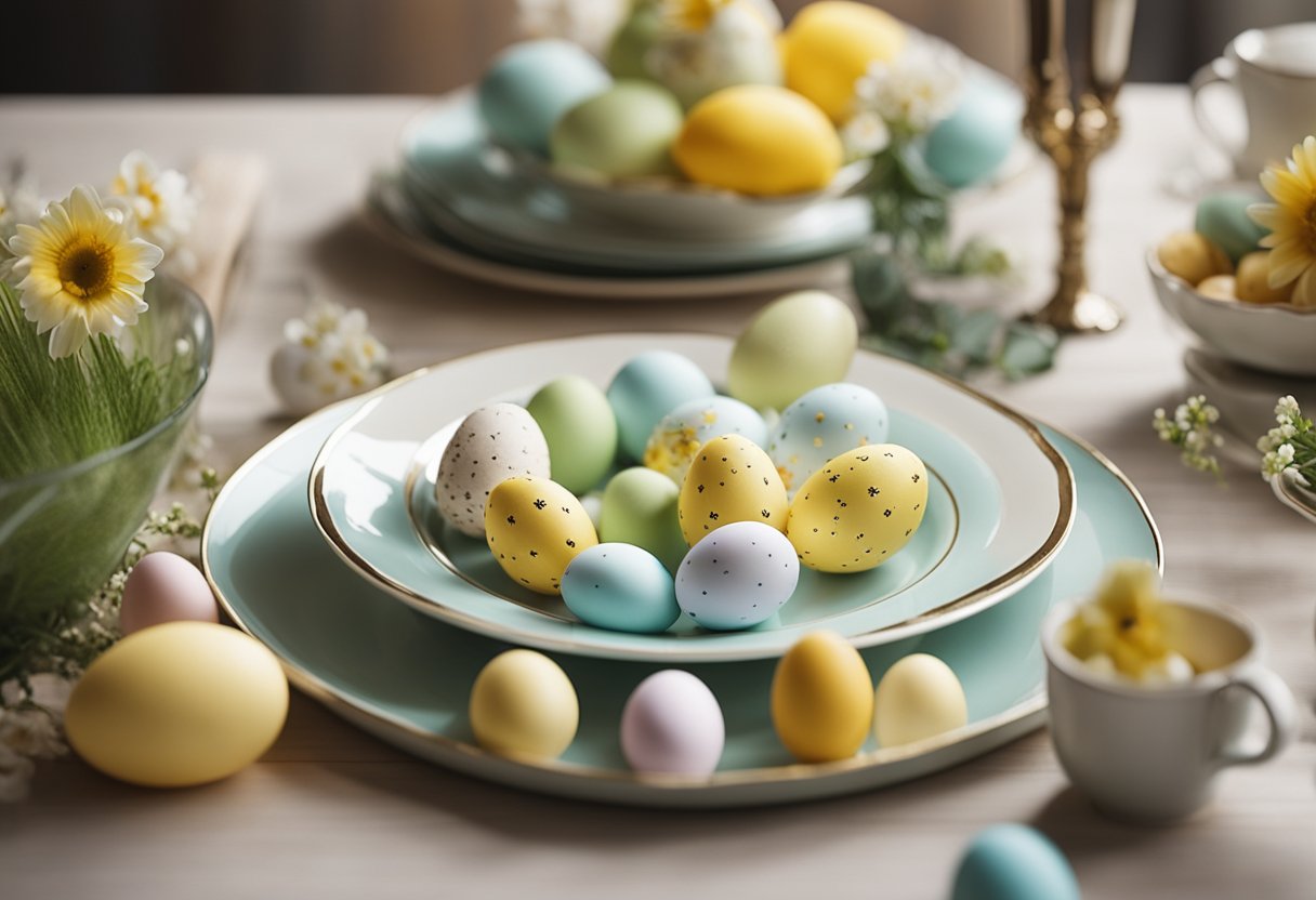 A table adorned with Easter-themed decorations and dishes