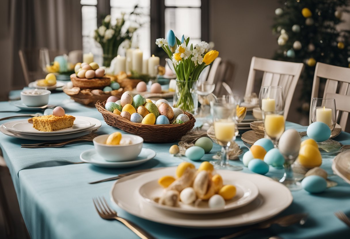 A table set with colorful Easter decorations and a spread of delicious recipes for Easter dinner