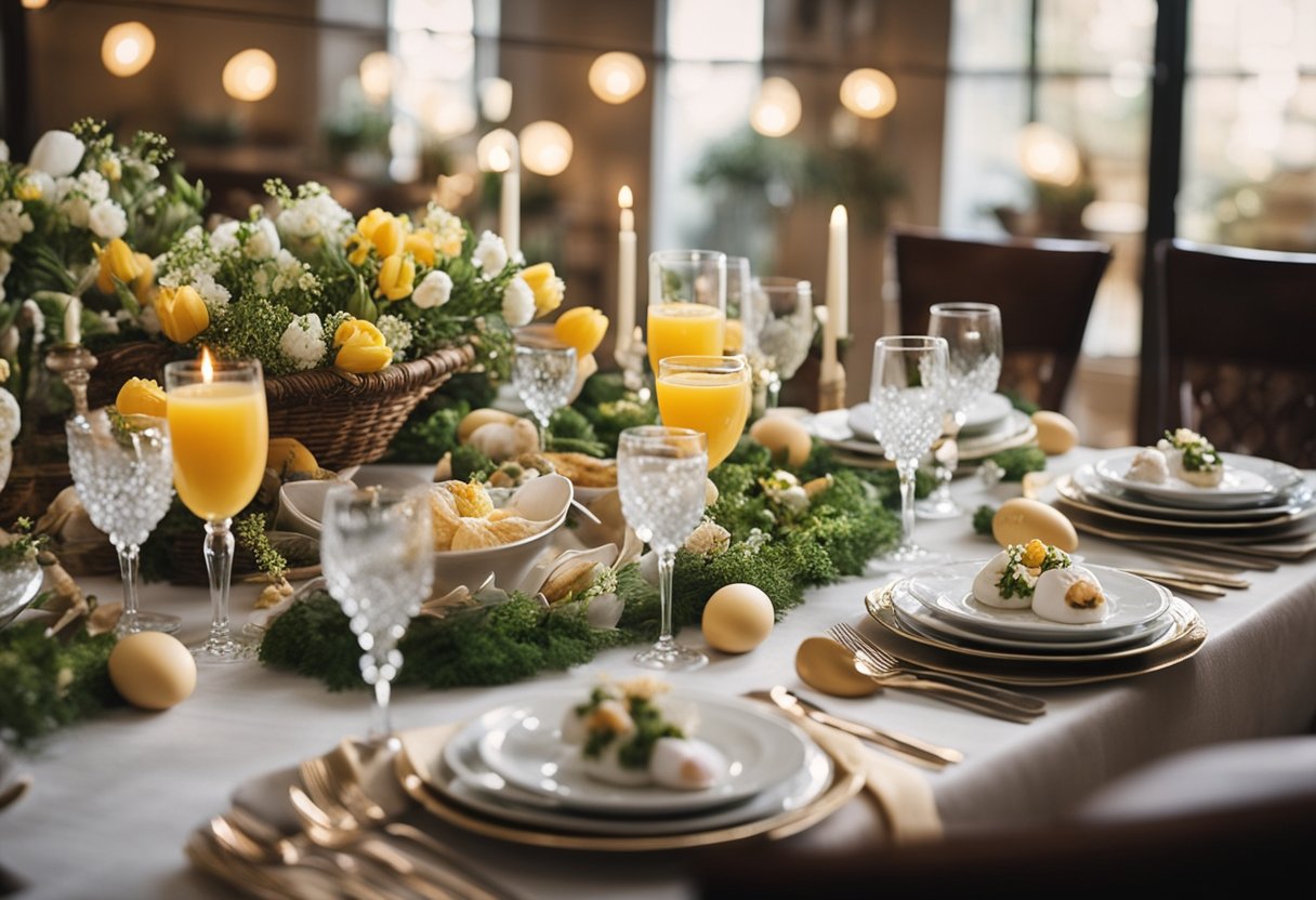 A beautifully set Easter dinner table with elegant glassware, floral centerpieces, and a variety of delicious dishes and beverages