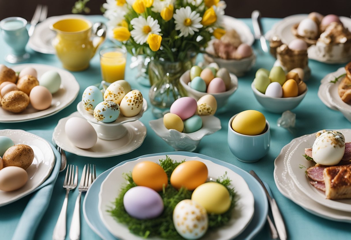 Colorful Easter table setting with floral centerpieces, decorated eggs, and a spread of traditional dishes like ham, deviled eggs, and hot cross buns