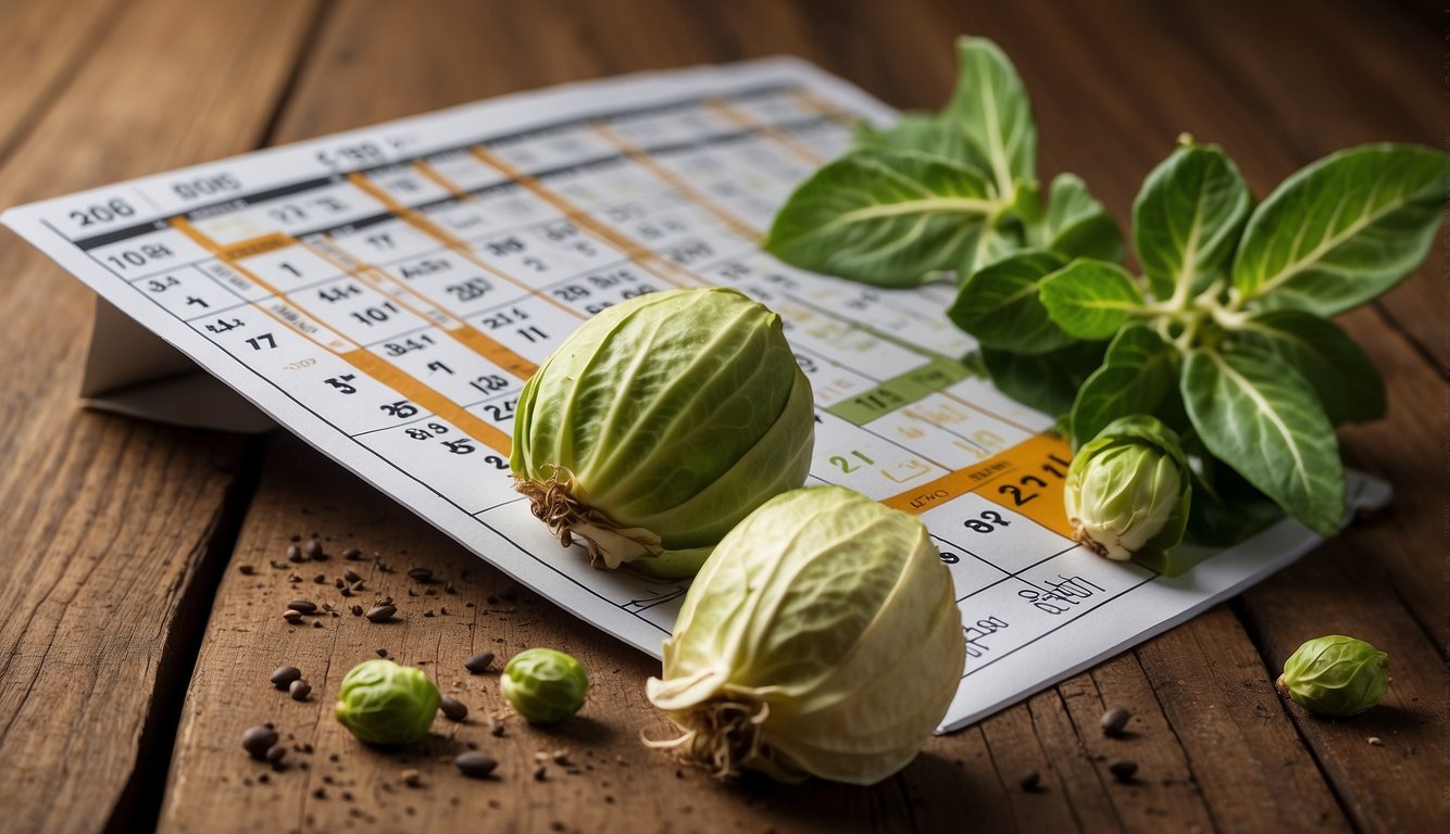 A calendar with planting dates, a packet of brussel sprout seeds, and a ruler for measuring growth