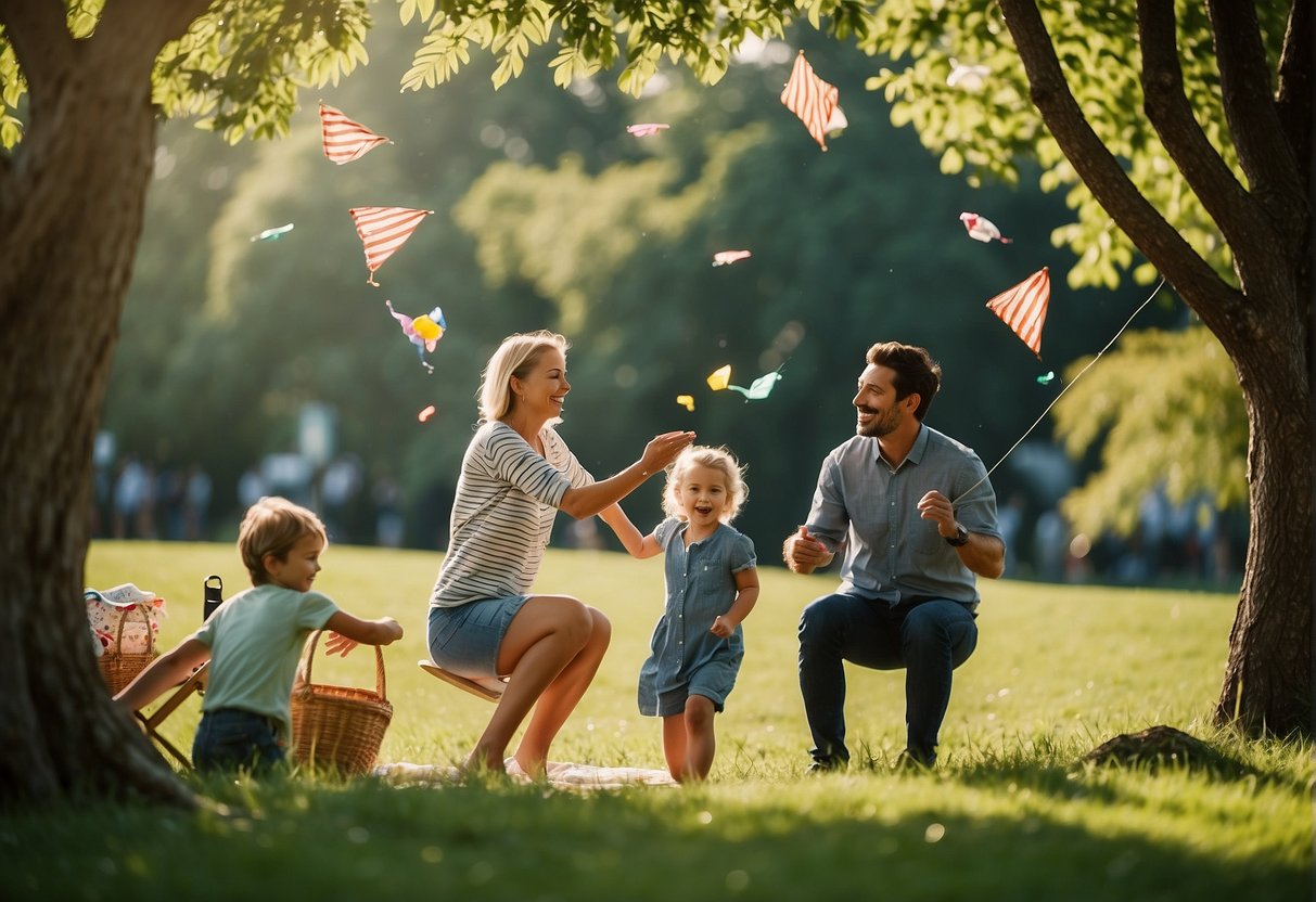 A family picnicking in a lush green park, kids playing with a frisbee and flying kites, parents relaxing and enjoying the sunny weather