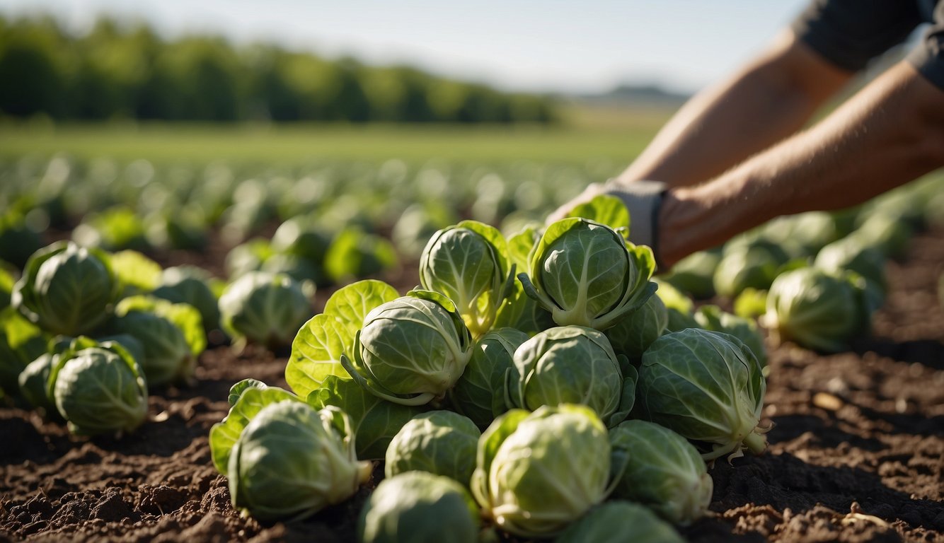 Brussel sprouts growing in a field, ripe for harvesting. A farmer collects the mature sprouts and prepares them for post-harvest processing