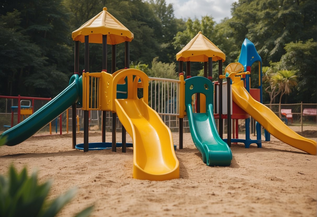A colorful playground with slides, swings, and a climbing wall. Families picnic on the grass, while kids play in the sandbox and on the jungle gym
