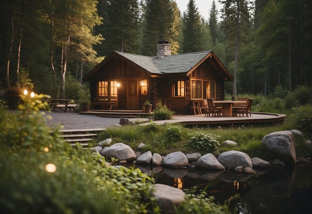 A cozy cabin nestled in a lush, green forest with a winding trail leading to a sparkling lake. A campfire and picnic area are nearby, with families enjoying outdoor activities