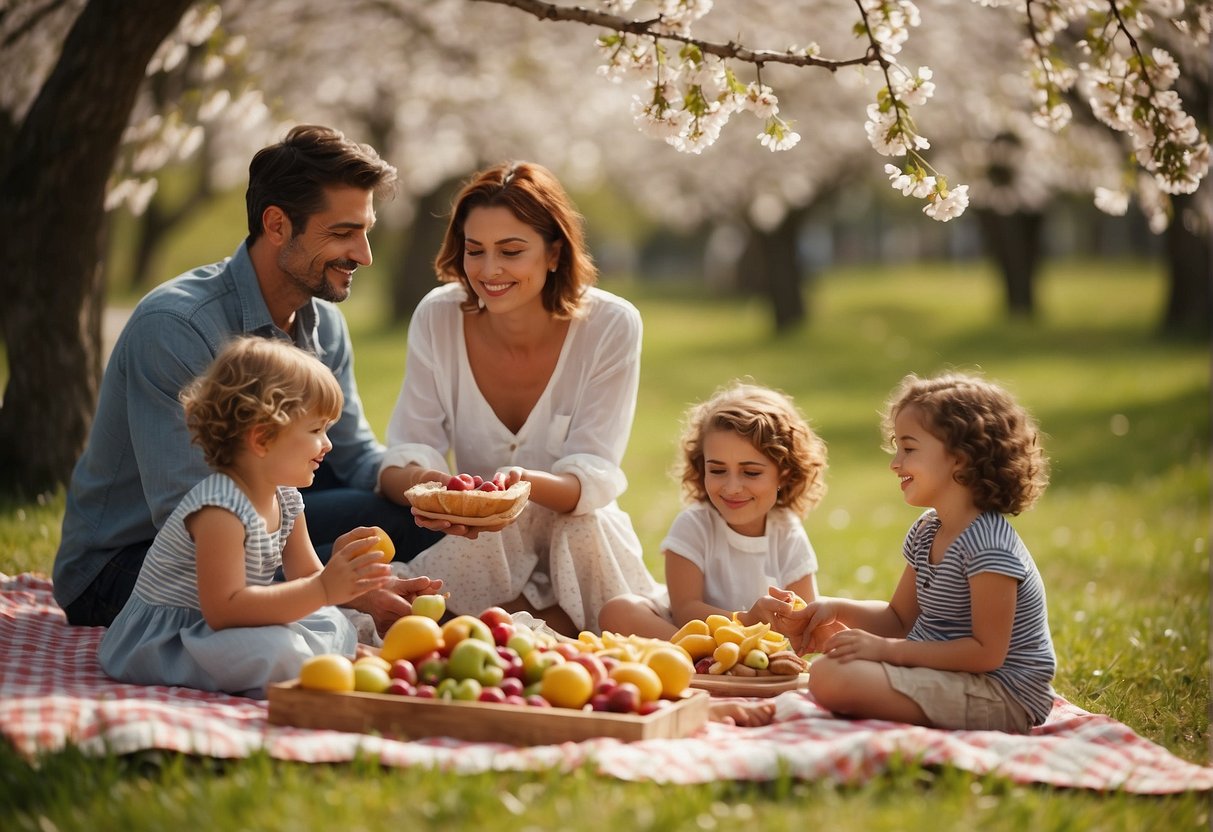 A family picnic under a blossoming cherry tree, with a colorful spread of fresh fruits, sandwiches, and snacks. Children play nearby, enjoying the sunshine and fresh air
