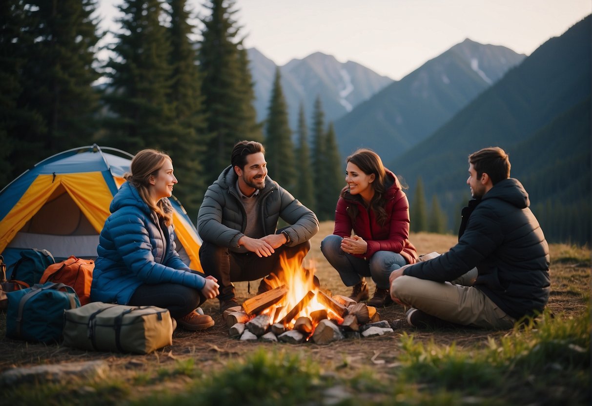 A family sits around a campfire, surrounded by tents and outdoor gear. They are planning their spring break adventure, with maps and guidebooks spread out on a picnic table. Safety essentials like first aid kits and emergency contacts are visible