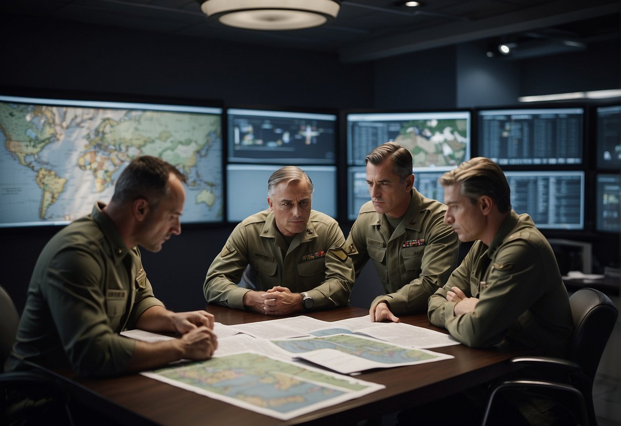 A group of military strategists brainstorming in a war room, surrounded by maps and charts, discussing innovative tactics for application in business