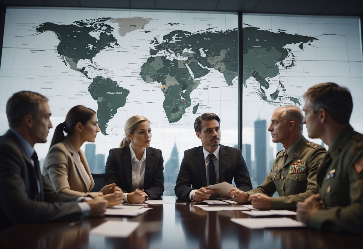 A group of military strategists brainstorming in a boardroom, surrounded by charts and maps, discussing innovative tactics for business applications