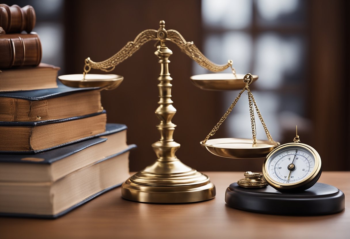 A scale balancing legal books and ethical scales, with a gavel and a compass nearby