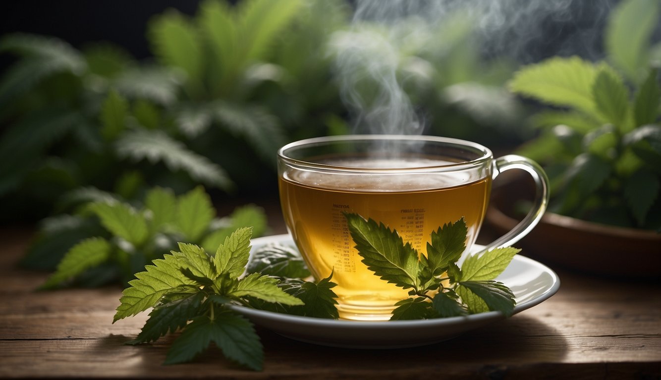 A steaming cup of nettle tea surrounded by fresh nettle leaves and a nutritional profile chart