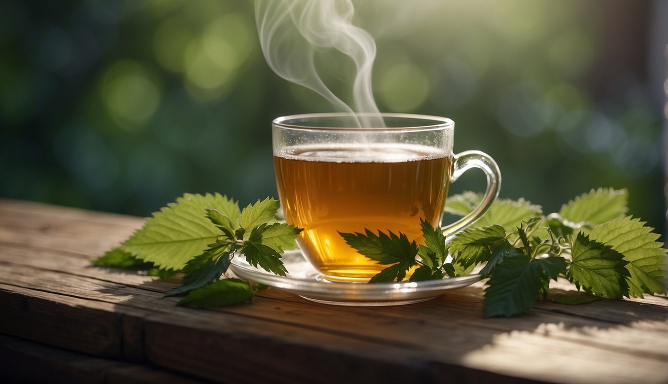 A steaming cup of nettle tea sits on a wooden table, surrounded by fresh nettle leaves and a calming atmosphere