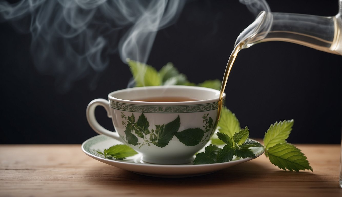 Nettle leaves steep in hot water, steam rising, as a teacup sits nearby. A label reads "Nettle Tea Benefits" with a list of health benefits
