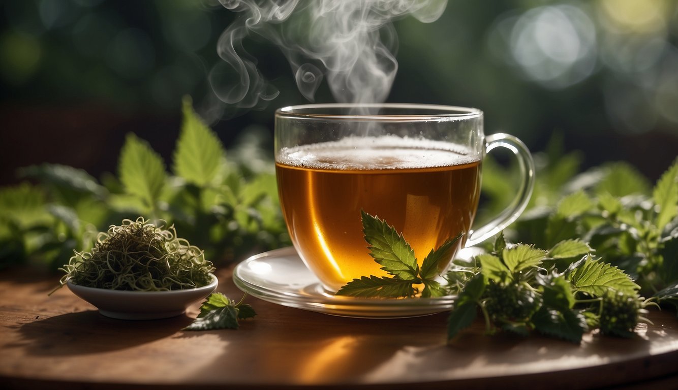 A steaming cup of nettle tea surrounded by a protective bubble, with a list of benefits floating above and caution signs for side effects