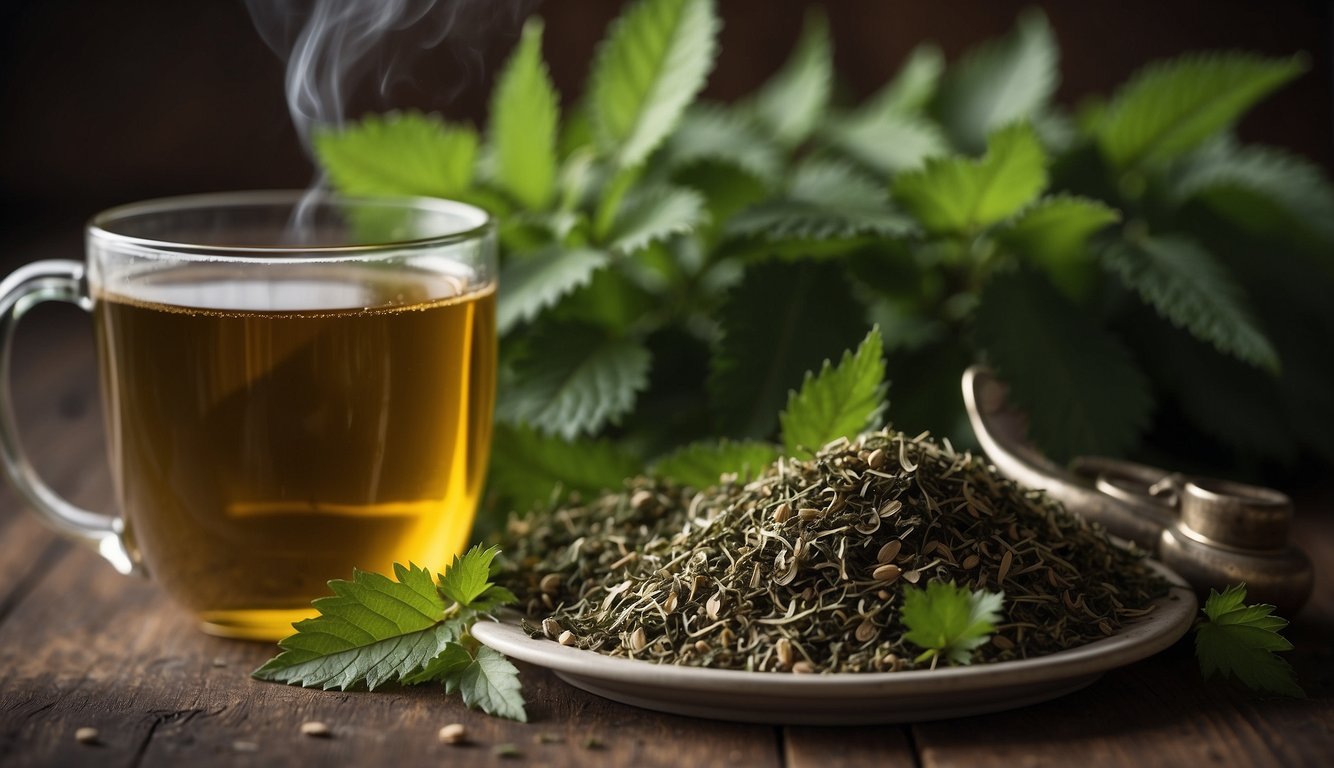 A steaming cup of nettle tea sits next to a pile of fresh nettle leaves, with a label listing its benefits