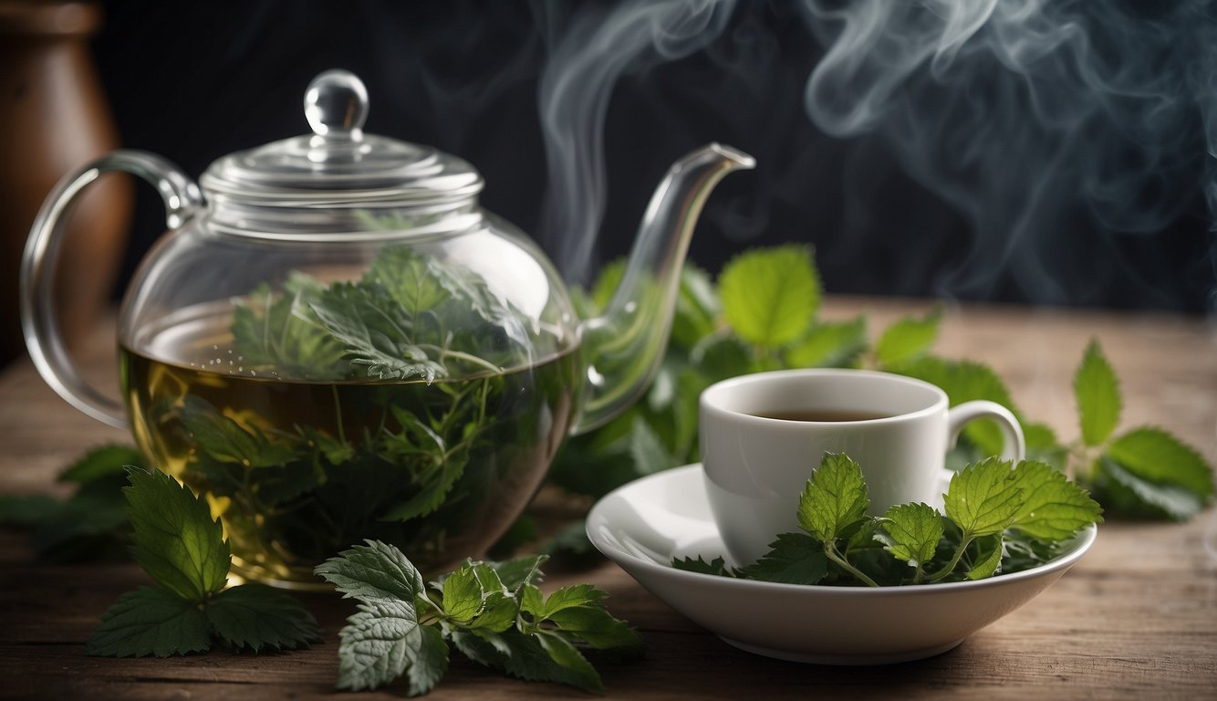Nettle leaves steeping in a teapot, steam rising, with a cup and saucer nearby. A few loose nettle leaves scattered around the scene