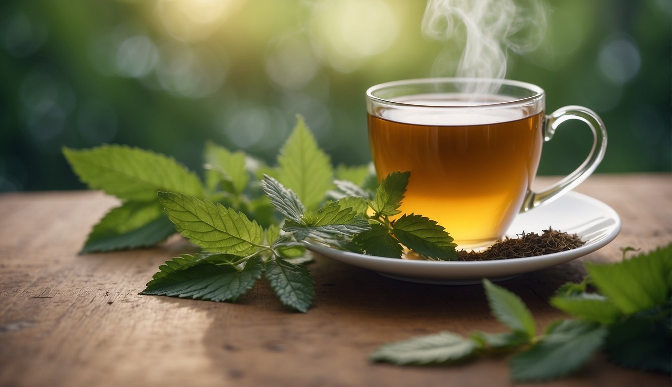 A steaming cup of nettle tea surrounded by fresh nettle leaves and a list of health benefits