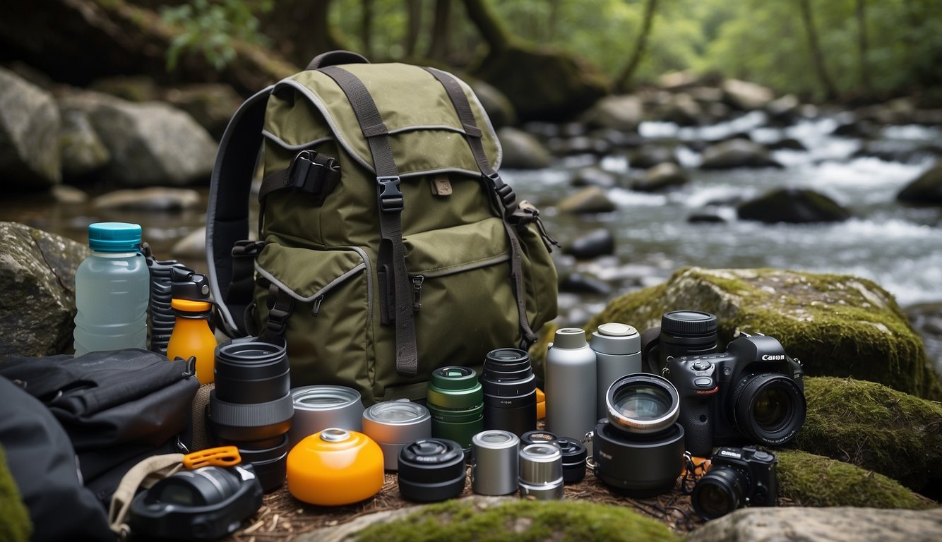 A fully stocked backpack with survival gear laid out in a natural setting, surrounded by trees, rocks, and a flowing stream