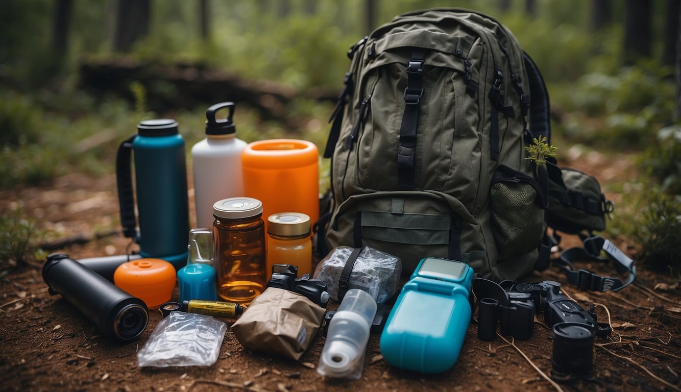 A backpack open on the ground, surrounded by wilderness survival items: a water filter, fire starter, first aid kit, multi-tool, and emergency food supplies