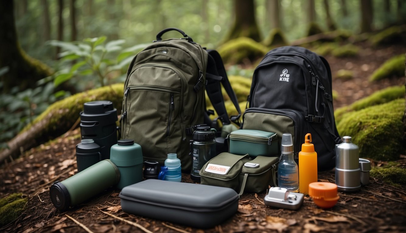 A sturdy backpack lies open on the forest floor, filled with essential survival gear. A compass, first aid kit, water purifier, and fire starter are neatly organized inside, ready for the wilderness