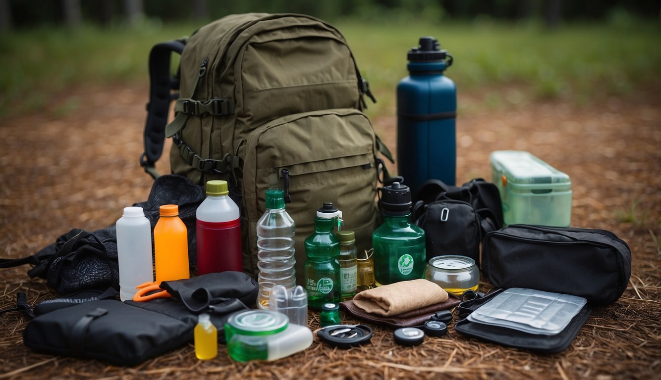 A backpack open on the ground, filled with survival gear: compass, knife, water bottle, first aid kit, flashlight, fire starter, and rope