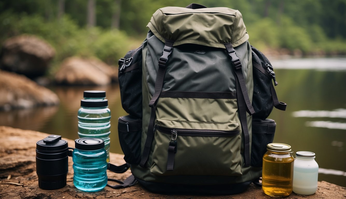 A backpack filled with canned food, water bottles, and a water filtration system. A map, compass, and fishing gear are also visible