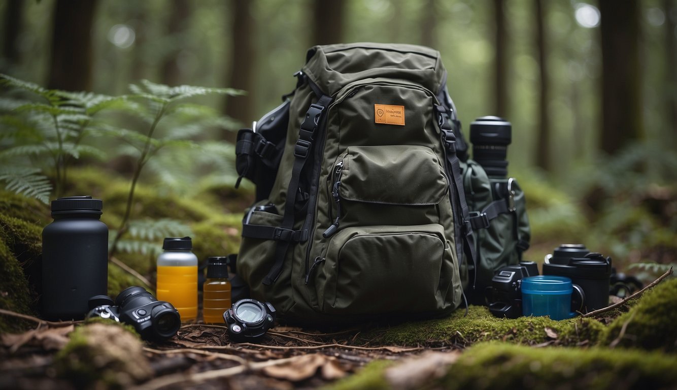 A backpack filled with survival gear, including clothing and personal protection items, laid out on a forest floor