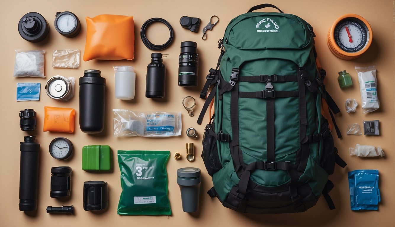 Items neatly arranged in a sturdy backpack: water filter, fire starter, first aid kit, multi-tool, compass, flashlight, emergency food, and shelter