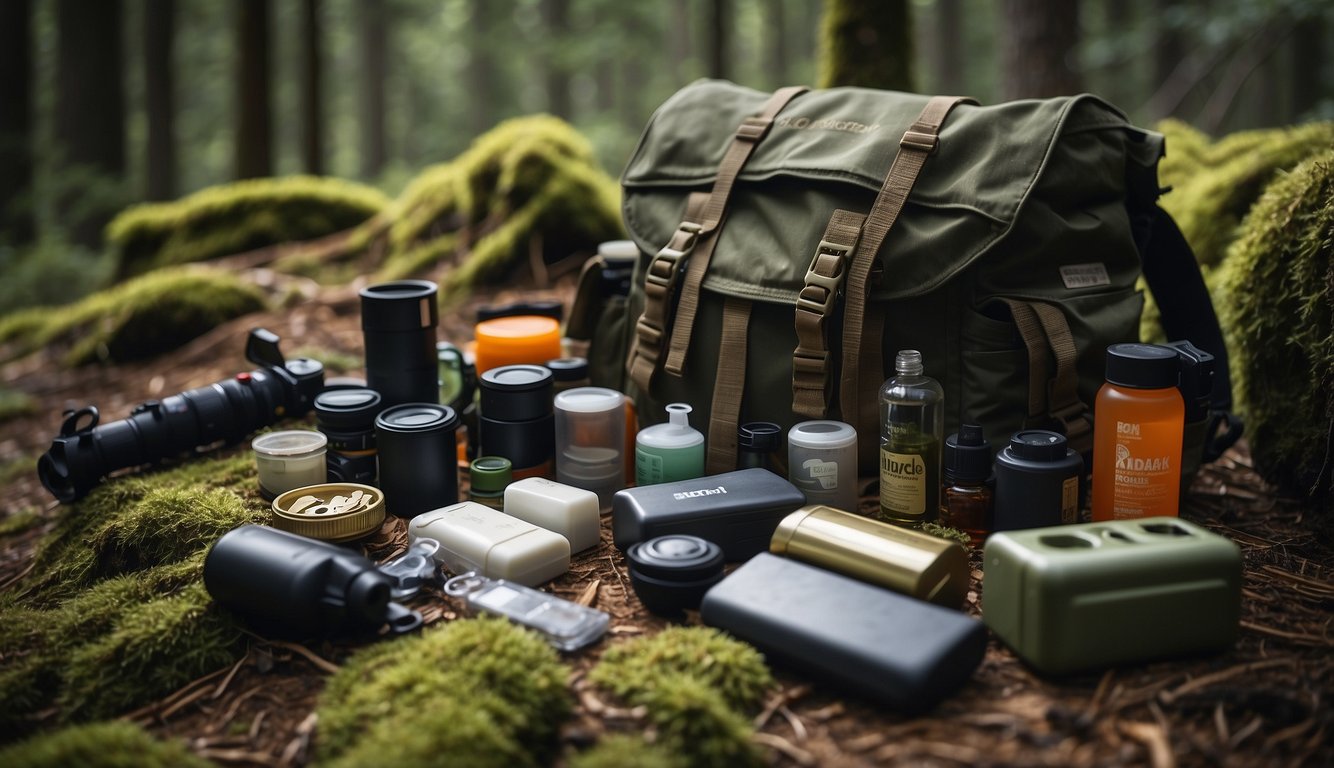 A fully stocked bug out bag sits open on the forest floor, surrounded by wilderness essentials and specialty items