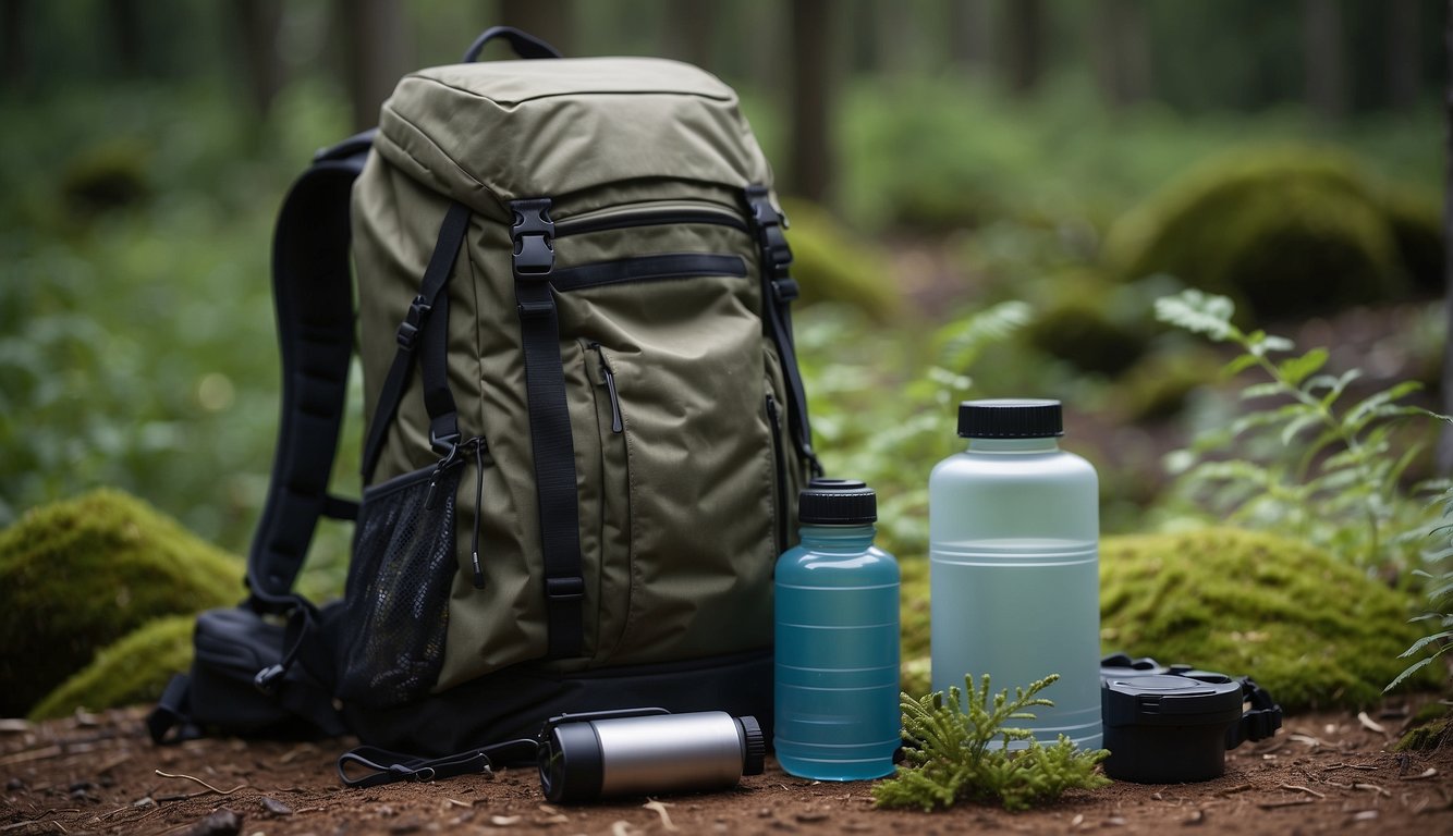 A backpack open on the ground, surrounded by wilderness. Items such as a flashlight, water bottle, and first aid kit are spilling out