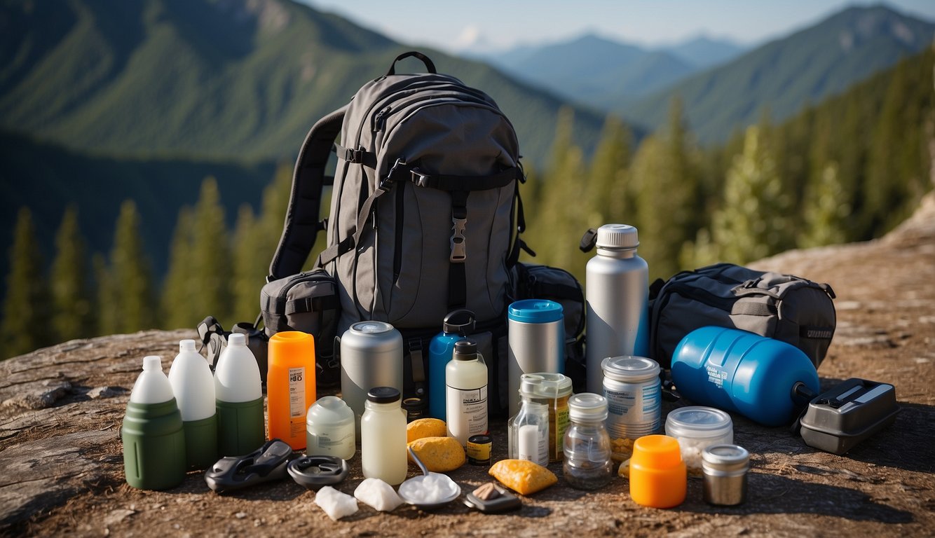 A backpack surrounded by wilderness survival essentials: water bottle, first aid kit, fire starter, multi-tool, flashlight, and emergency food rations