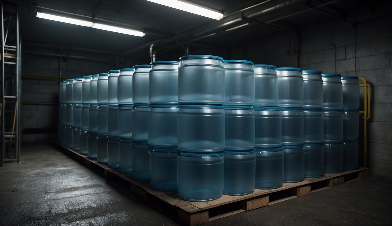 Clear plastic barrels filled with water, stacked neatly in a cool, dark cellar with airtight lids. A small pump and hose nearby for easy access