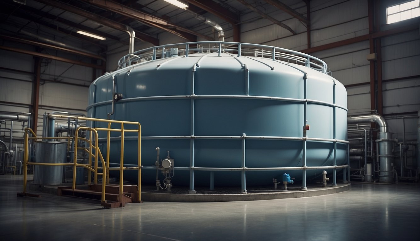 A large, sturdy water storage tank sits on a raised platform. A network of pipes and valves connects the tank to a nearby building. The tank is filled with clean, clear water, ready for long-term storage