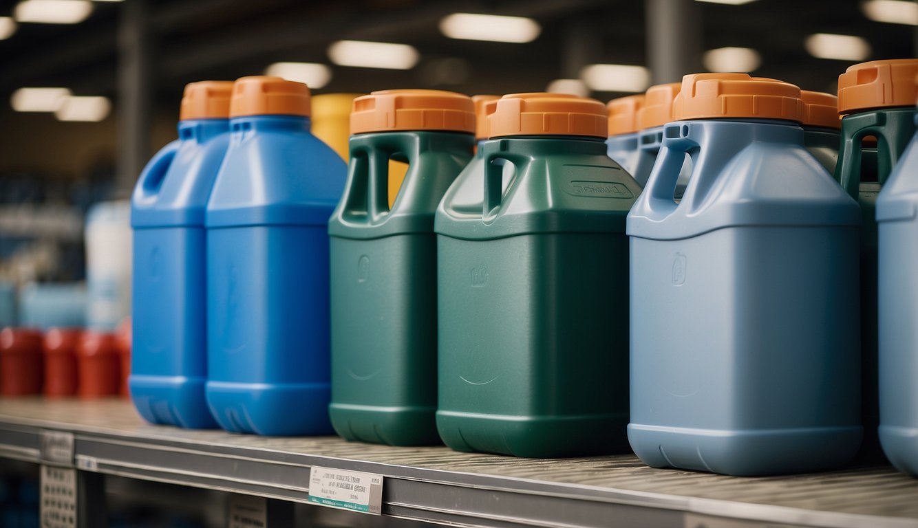 A variety of sturdy containers, such as large barrels and durable plastic jugs, are lined up neatly on a shelf, ready to store water for long-term use