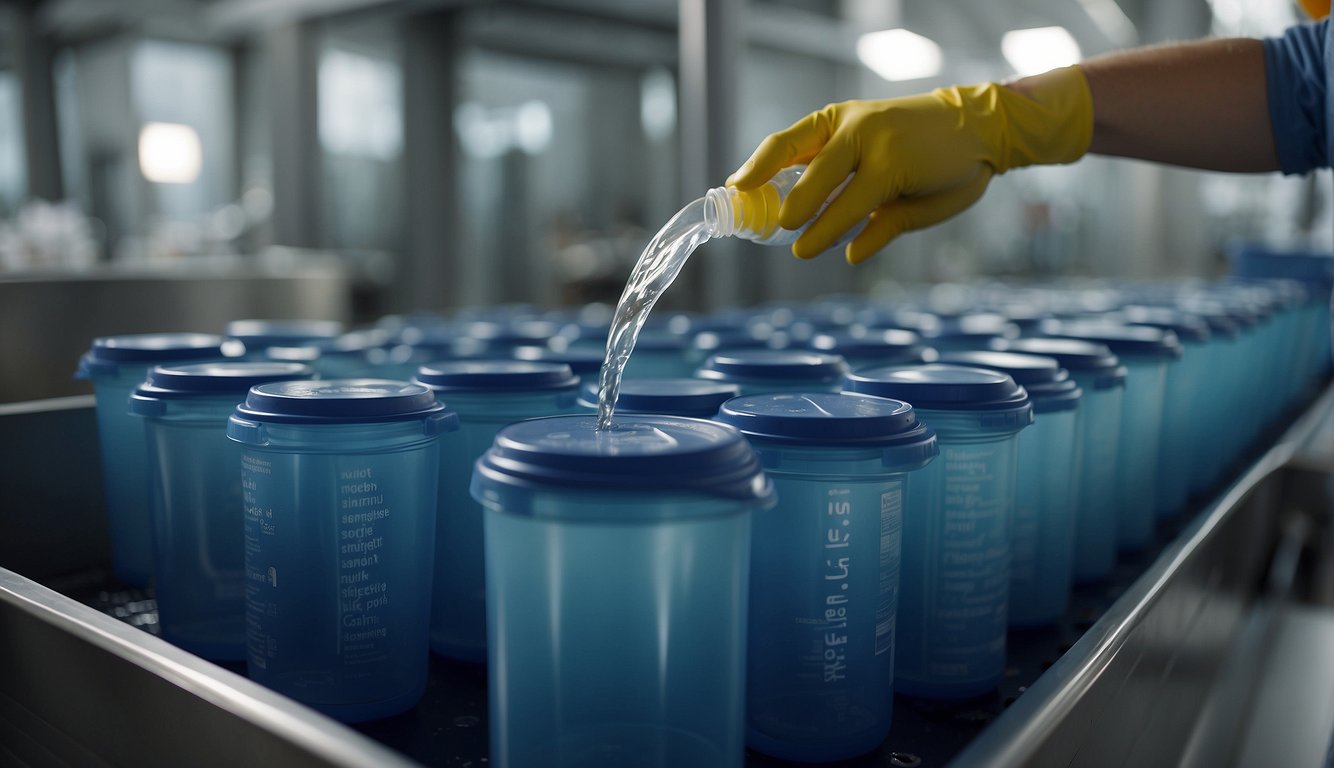 Water being poured into large, clean containers. Lids are tightly sealed to prevent contamination. Containers are labeled with date of storage