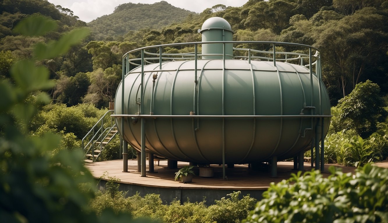 A large, sturdy water tank sits atop a raised platform, connected to a series of pipes and filters. The tank is surrounded by lush greenery, indicating a sustainable and effective water storage system