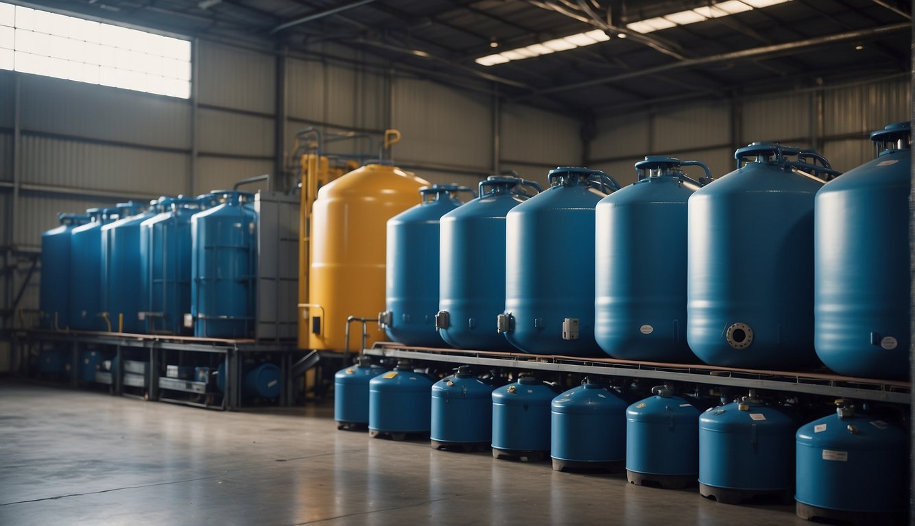 Water storage tanks lined up in a warehouse, some empty and others filled to capacity. Labels indicate rotation schedule. Maintenance equipment nearby