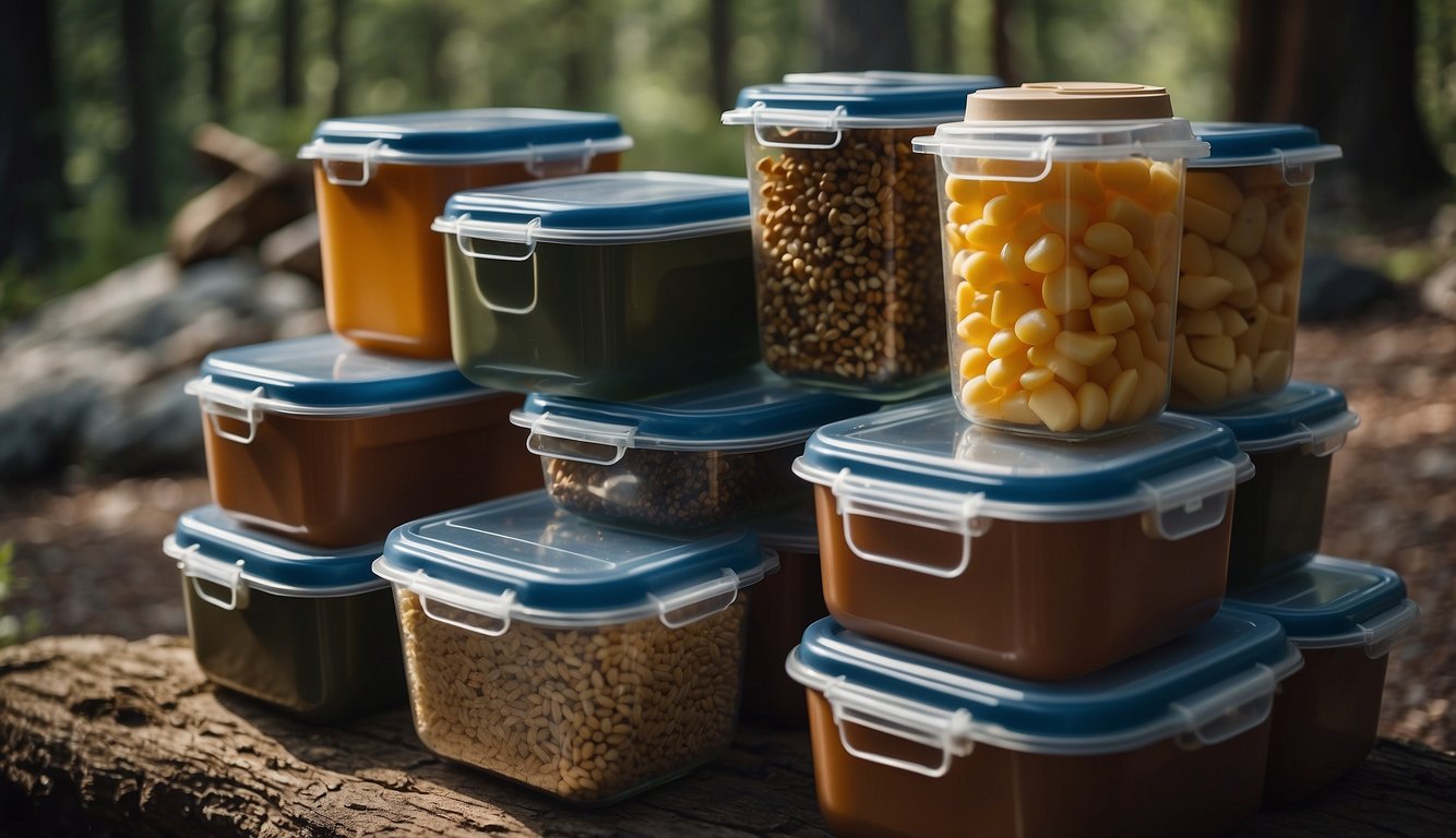 Food stored in bear-proof containers. Containers are securely closed and placed in a designated storage area away from the campsite