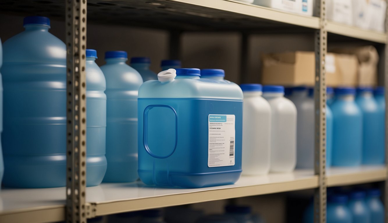 A sturdy, sealed water container labeled for long-term storage sits on a shelf. Nearby, emergency supplies and a list of water purification methods are visible