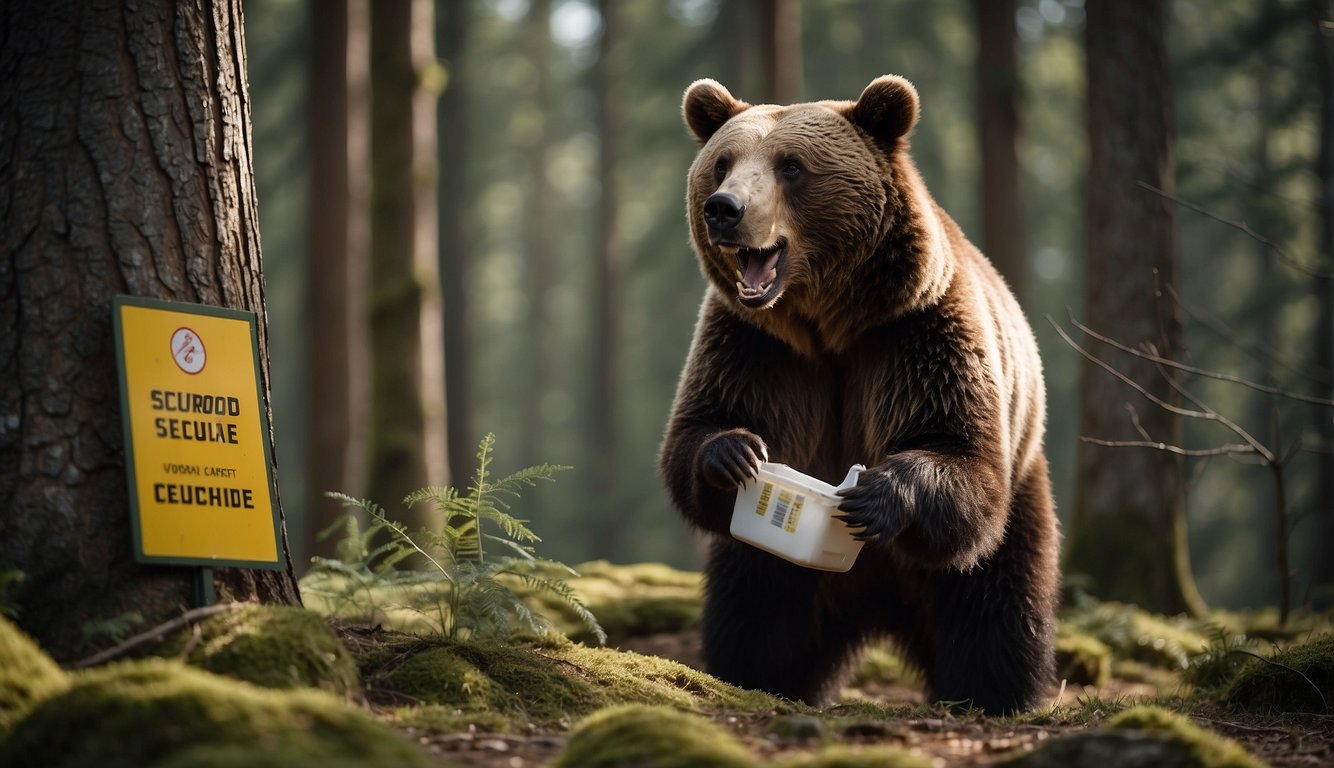 A bear carefully inspecting a securely stored food cache in a forest clearing, with a clear sign of caution and curiosity in its body language