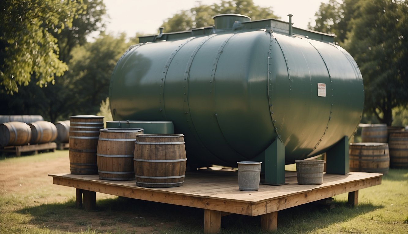 A large, sturdy water tank sits on a raised platform, surrounded by neatly stacked barrels and jugs. A sign nearby instructs on proper water storage