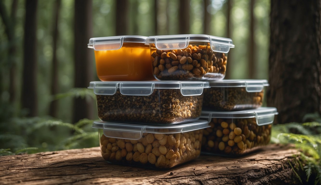 Food stored in bear-proof containers in a forest clearing. Signs warn of bear presence. No food left out