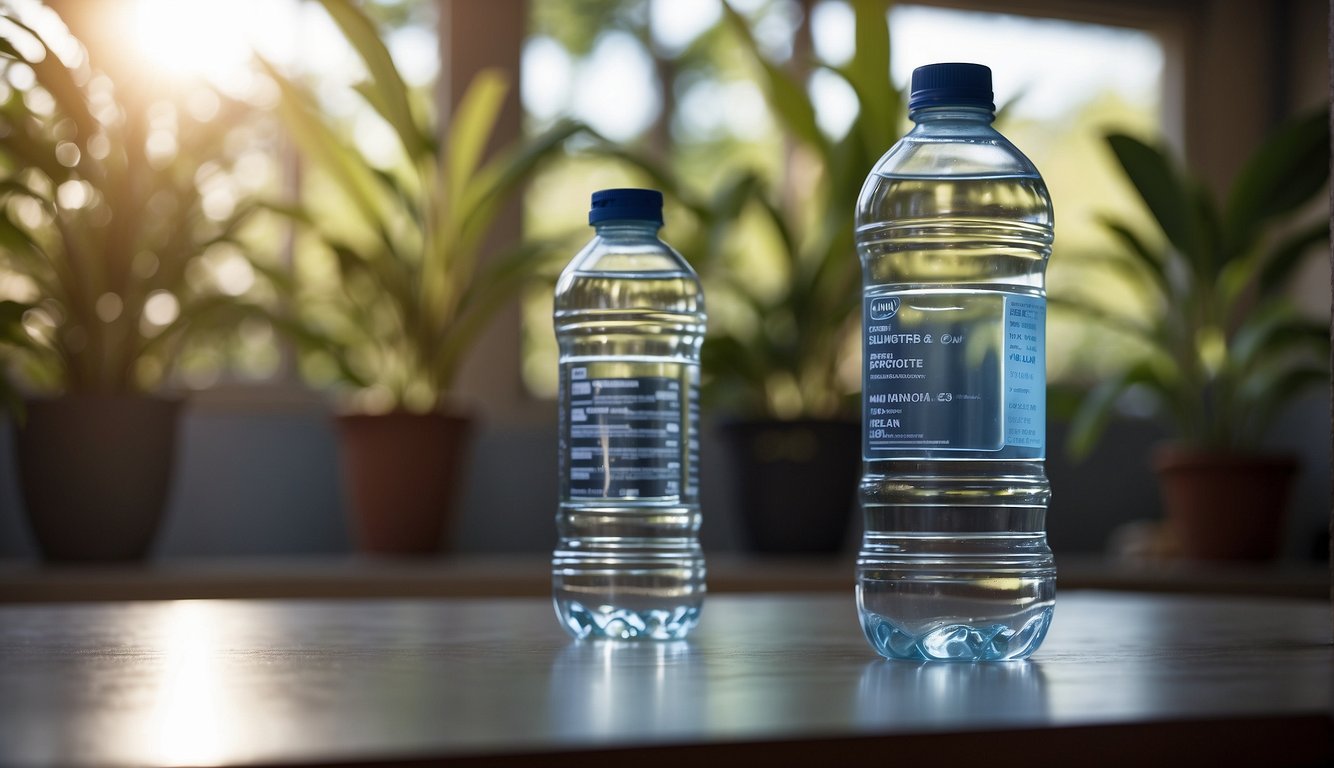 A sturdy, sealed container of water sits on a shelf, away from direct sunlight and heat sources, with a clear label indicating the date of storage