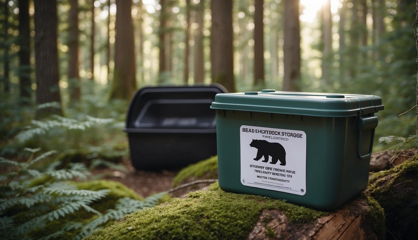 A bear-proof food storage container is placed in a wooded area, with a sign warning about bear activity. The container is securely latched and surrounded by natural elements