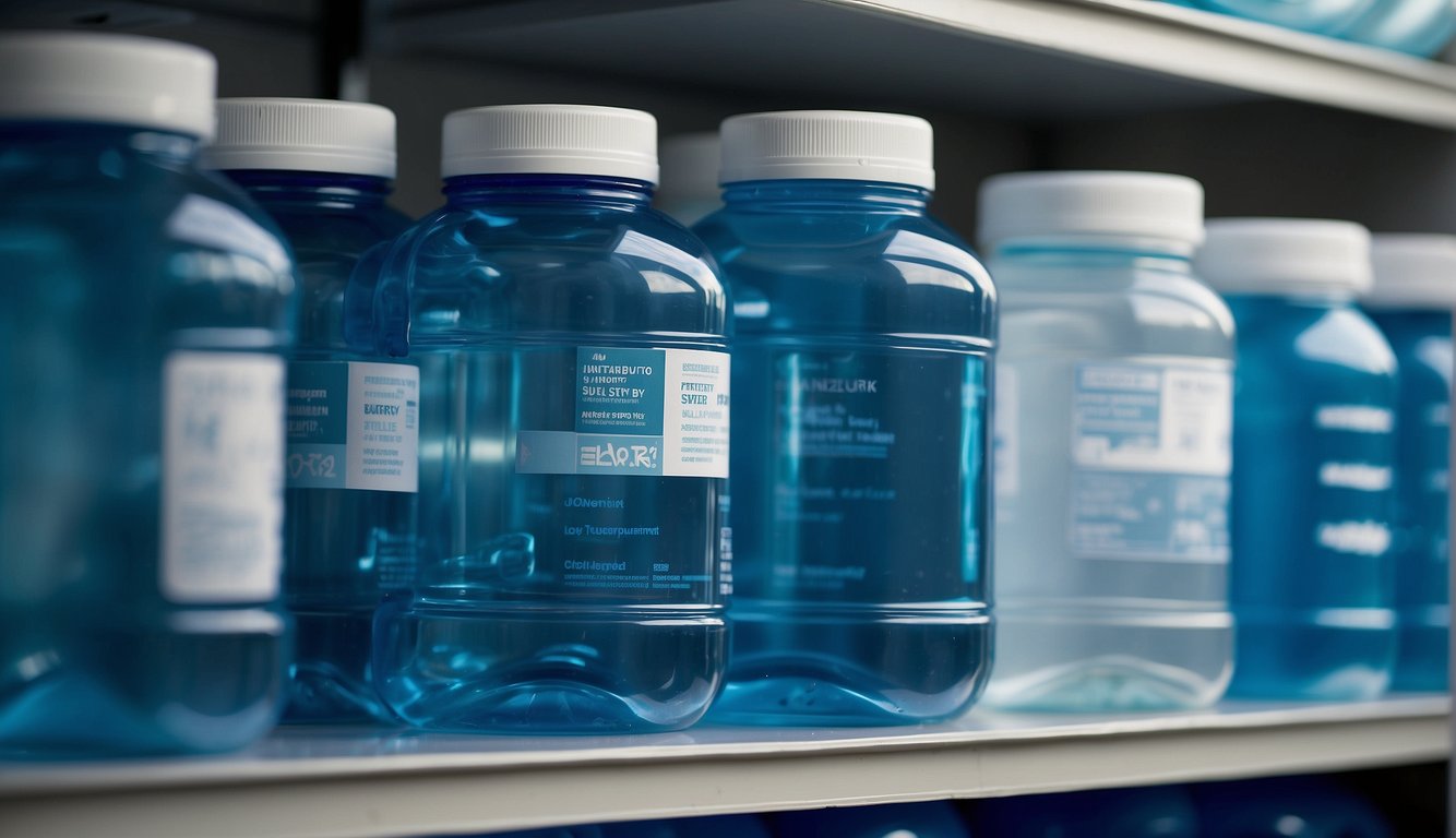 A shelf filled with water jugs, water purification tablets, and a water filtration system. A storage container labeled "Emergency Water Supply" sits nearby