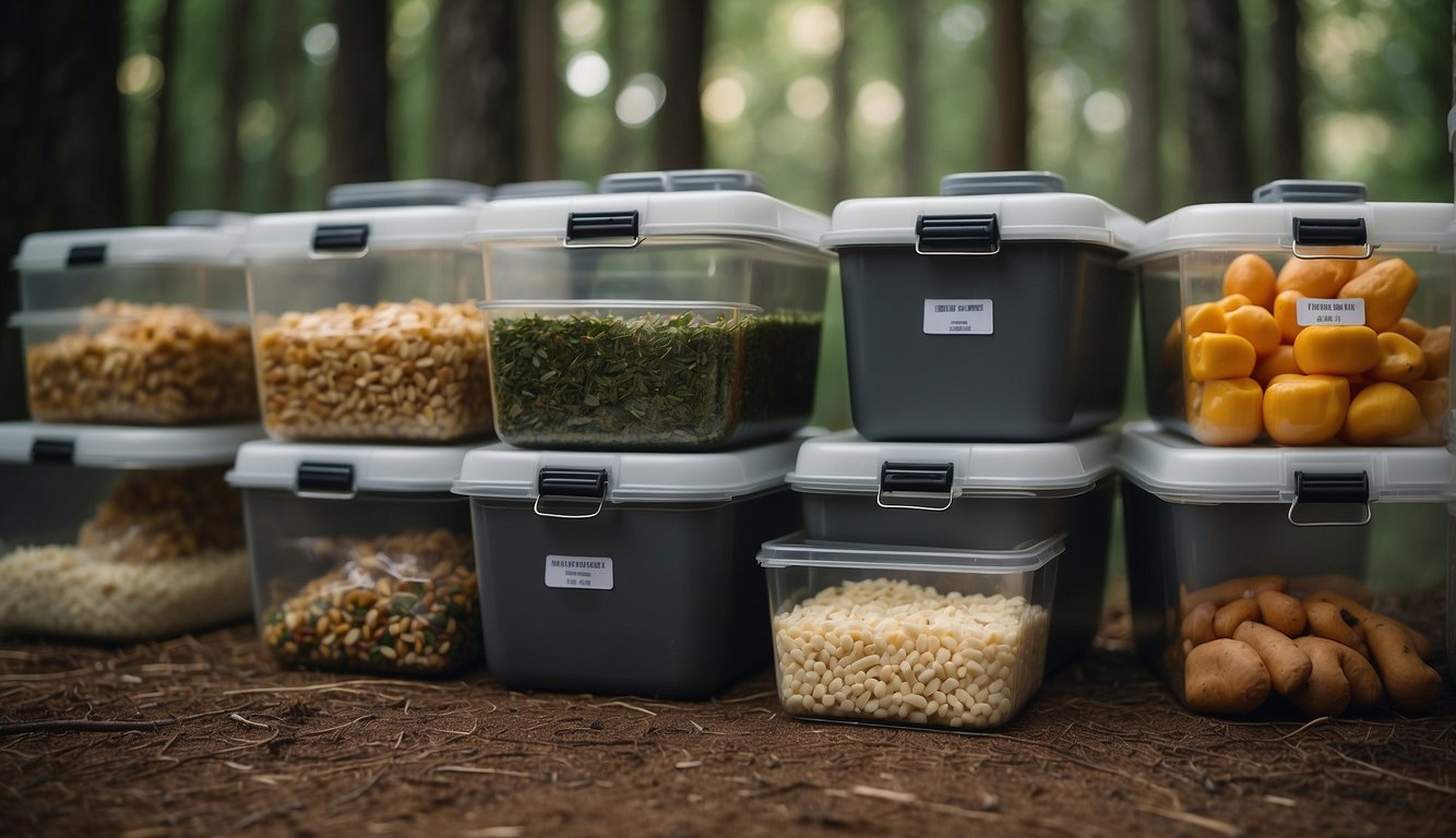 Food stored in airtight containers and bear-proof lockers surrounded by a secure perimeter fence in a wooded area