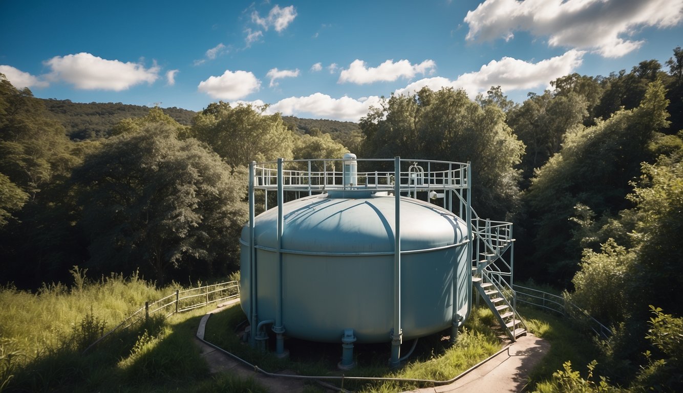 A large, sturdy water tank sits on a raised platform, connected to a network of pipes and filtration systems. The tank is surrounded by lush greenery and a clear blue sky overhead